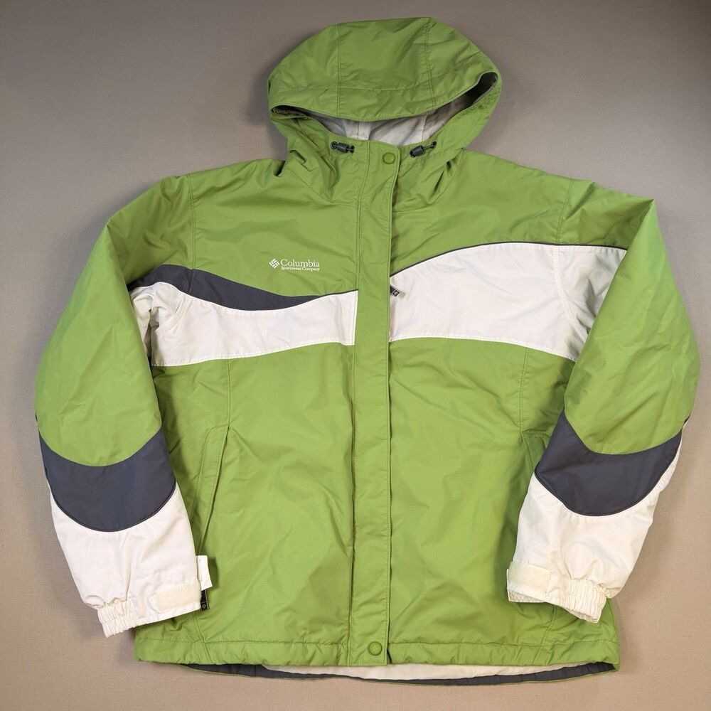Columbia Ski Jacket XL Green White Fleece Lined w/Hood Winter Snow Cold Weather